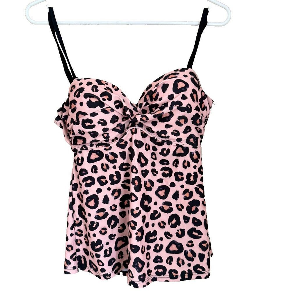Pink Leopard Y2K Tankini Top Jrs M Twist Front Padded Swim Beach Tropical Pool